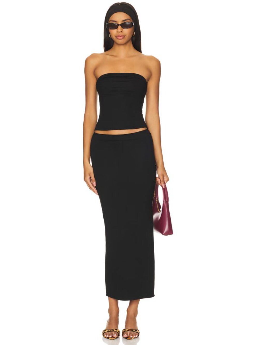 ALL THE WAYS Natalie Maxi Skirt Set in Black Strapless Tube Crop Top